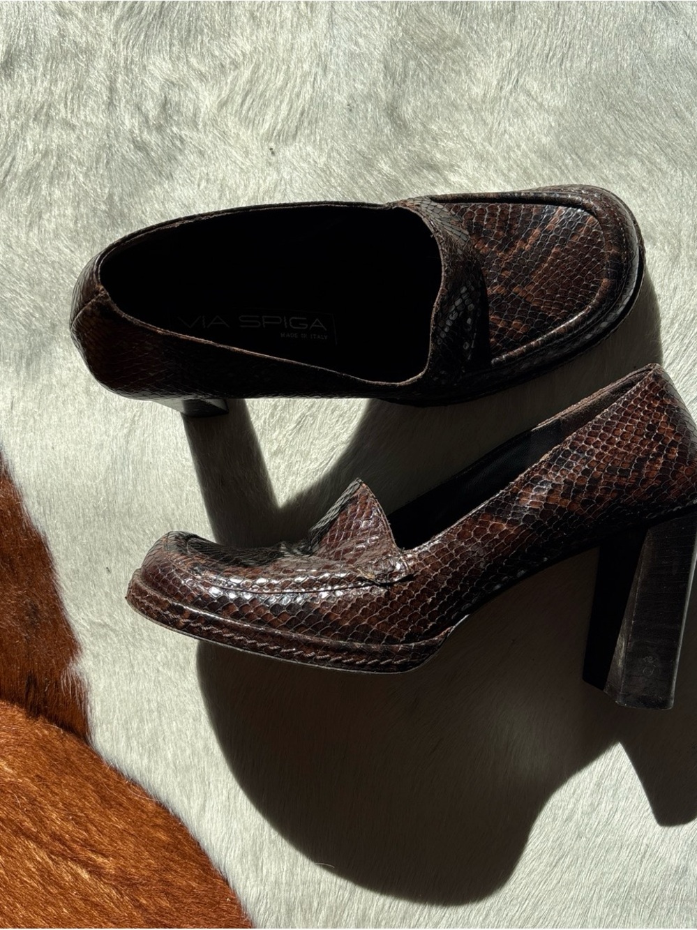 Via Spiga Brown Snake-Embossed Leather Block Heel Loafers